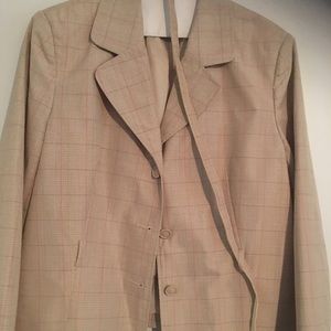 Adorable tan jacket with pink stripes, belted